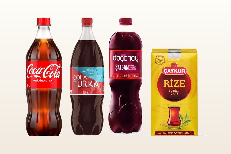 Getränke im Sortiment von BAK-SAN: Coca-Cola, Cola Turka, Doğanay Şalgam und Çaykur Tee
