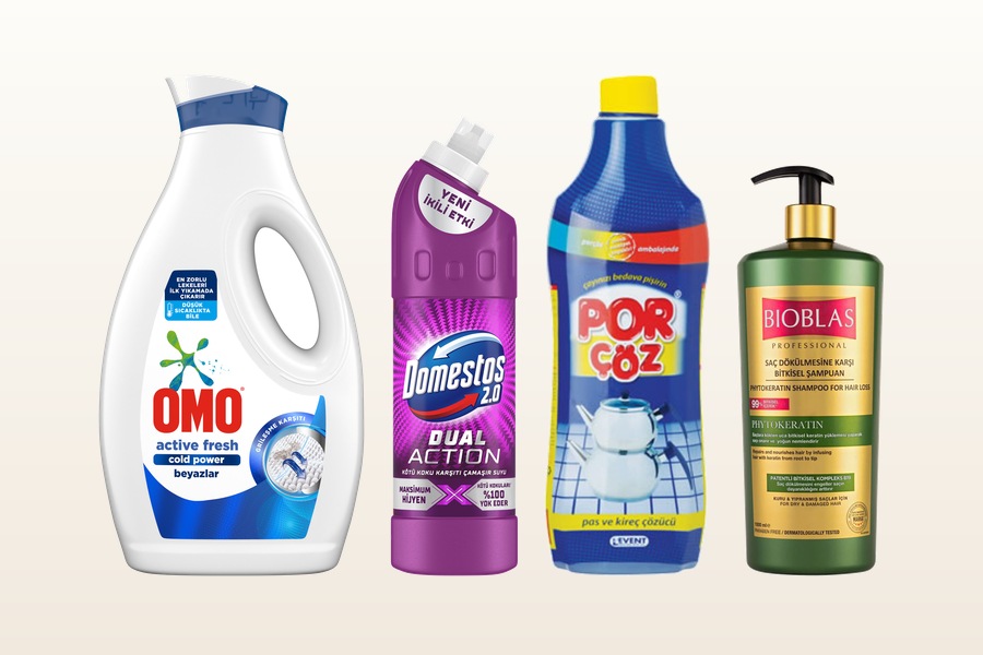 Non-Food-Produkte von BAK-SAN: OMO Waschmittel, Domestos, Porçöz Kalklöser und Bioblas Shampoo
